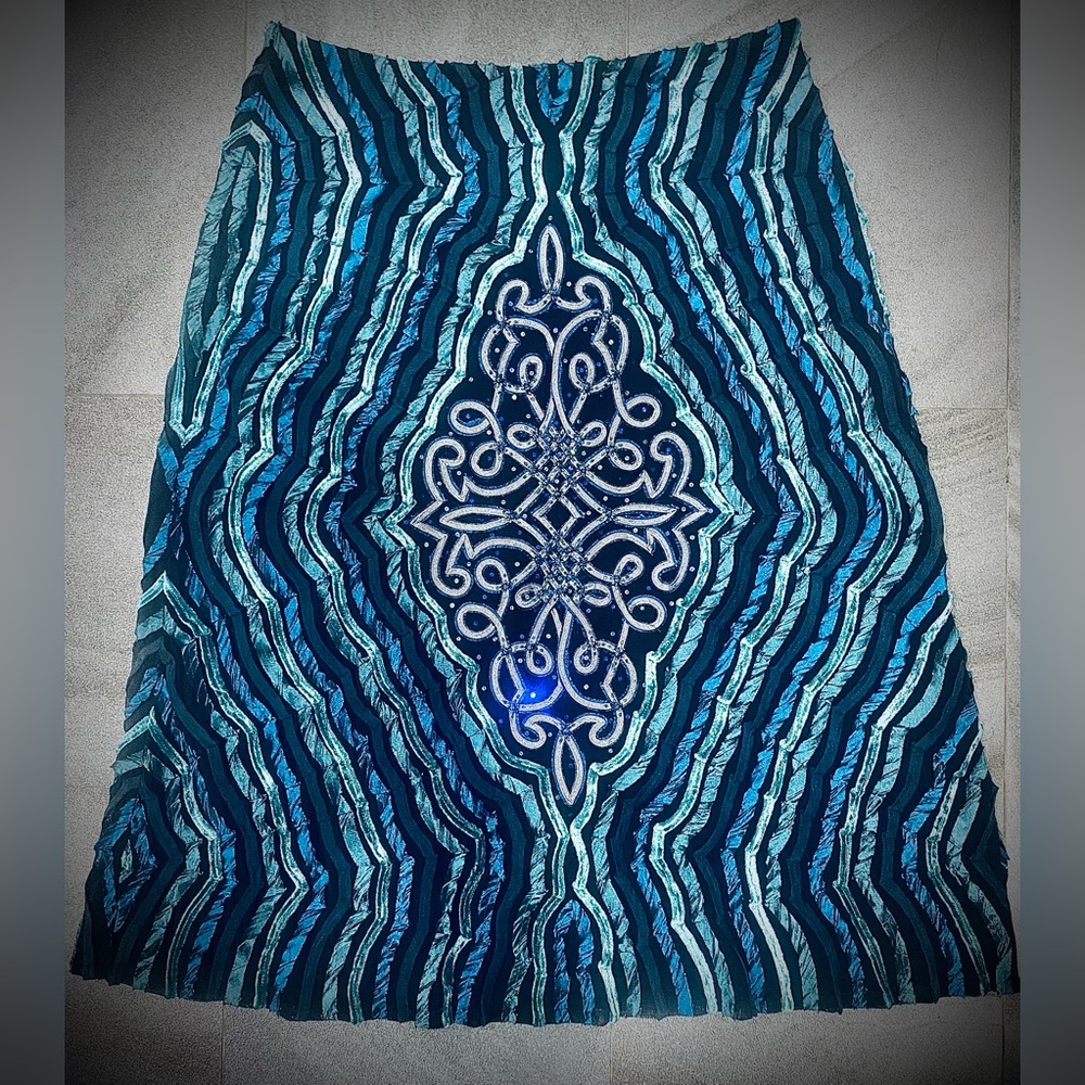 Women’s Vibrant Mixed Textures Blue Hues Beaded Embroidered Midi Skirt Sz 12